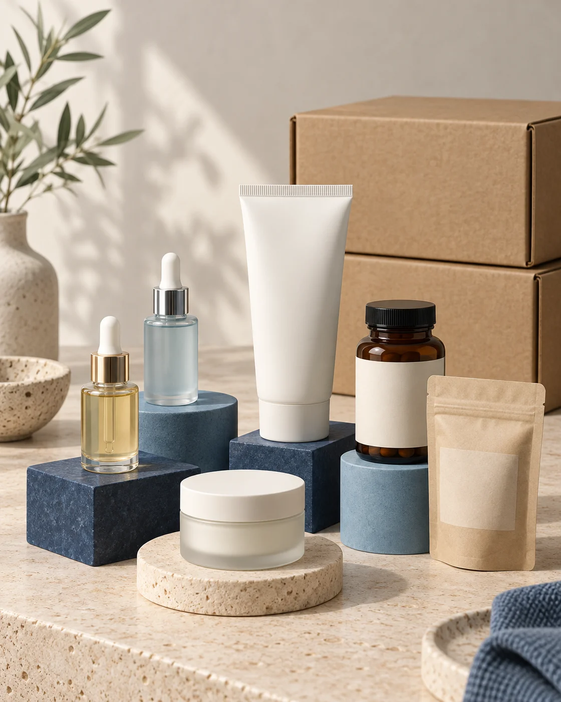 Illustrative skincare bottles, soap boxes, wellness packaging and ecommerce cartons