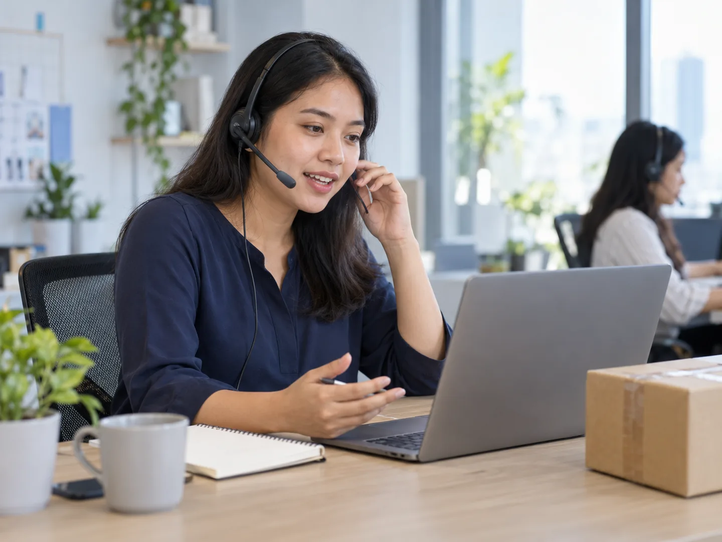 Illustration of an Indonesian customer-service professional speaking with a customer at a laptop