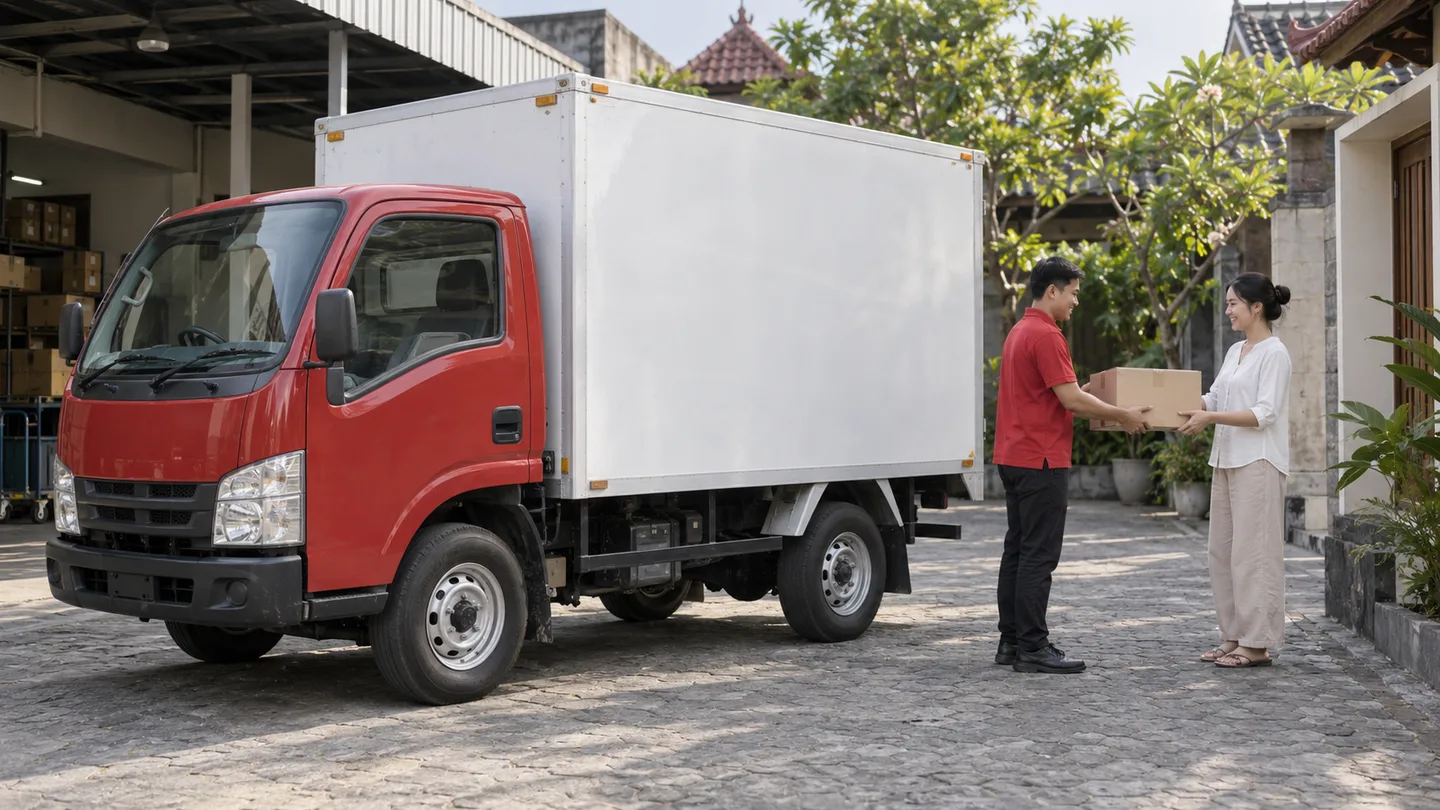 Illustration of a red-and-white delivery truck and a courier handing a parcel to a customer in Indonesia